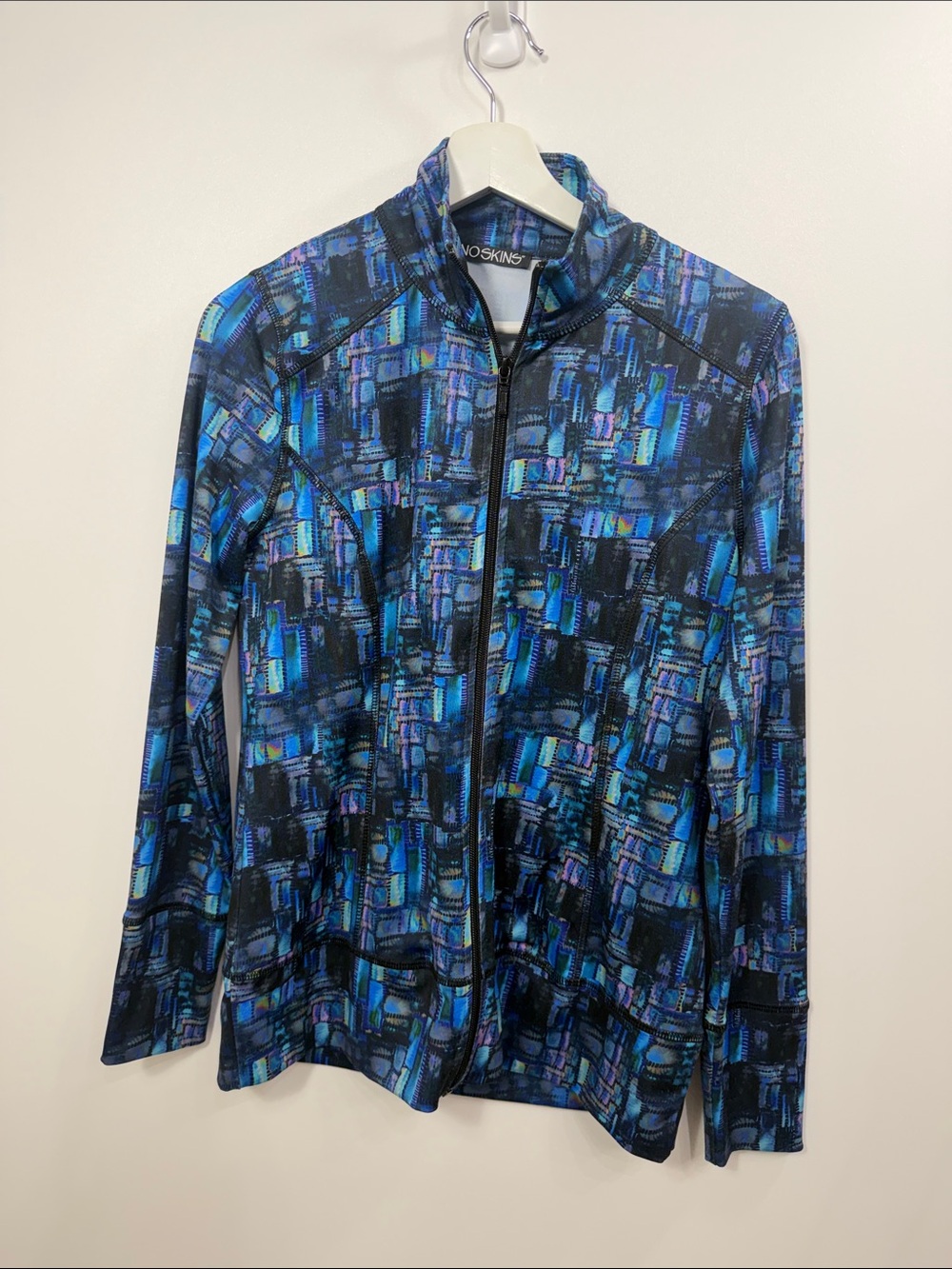Snoskins microfiber prints full zip jacket geometric pattern blue size small